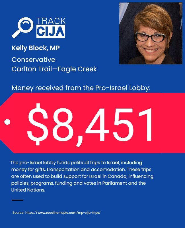 So why do you take money from lobbyists for foreign governments <a href="/KellyBlockmp/">Kelly Block MP</a>? Kelly took over $8,000 from the pro-Israel lobby, voted against a ceasefire in Gaza &amp; met with CIJA to discuss "International Relations". #ForeignInterference #CanadaFirst? <a href="/cbcfifth/">The Fifth Estate</a> <a href="/CTVW5/">CTV W5</a>