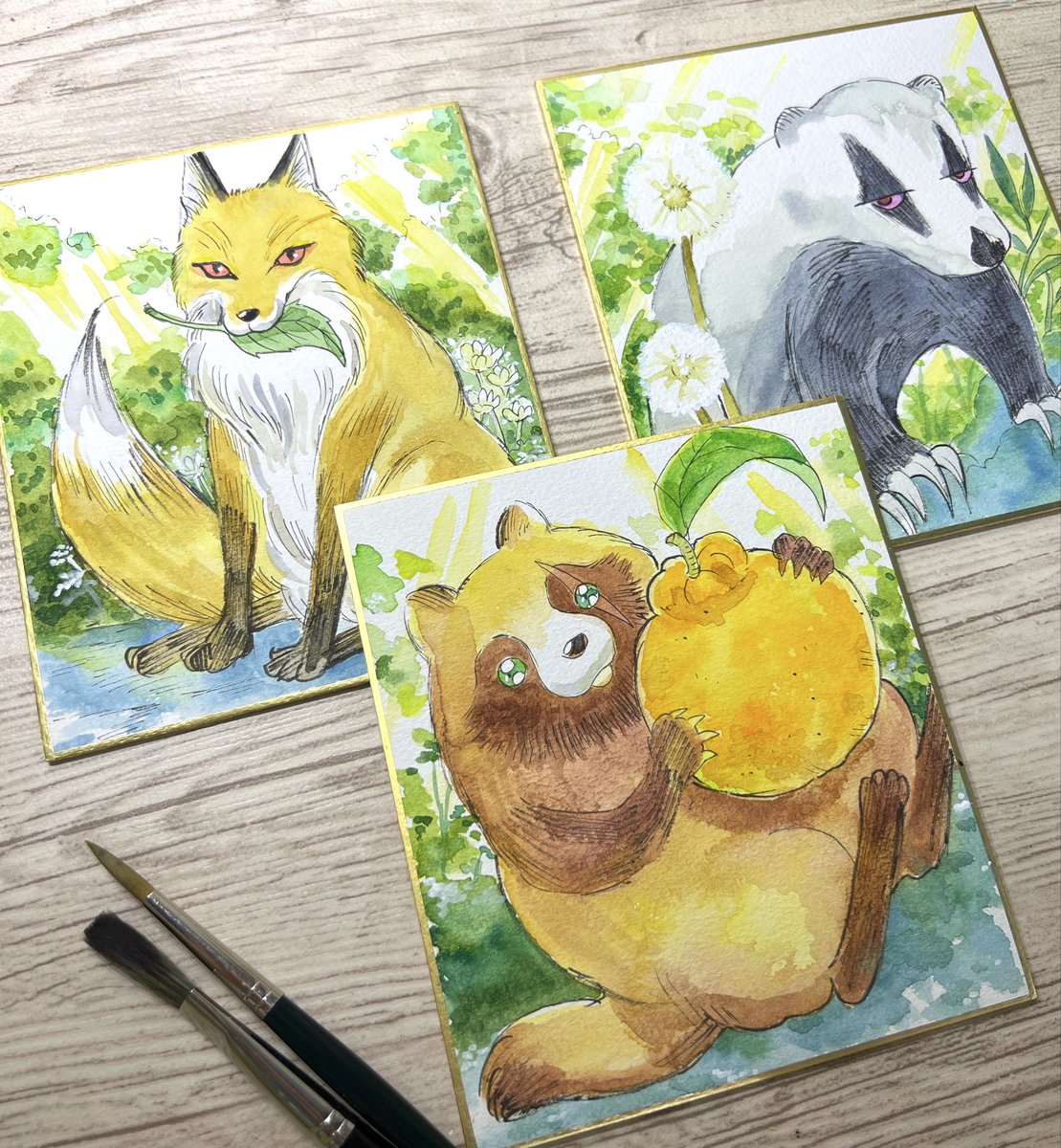オリジナルキャラ（タヌキ、キツネ、アナグマ）の色紙を描きました