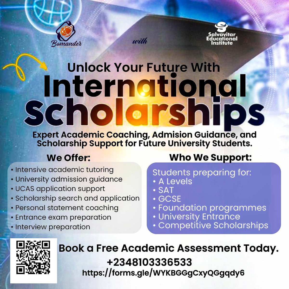 Studying abroad on scholarship can be all you need to get out of this side of the world. That's why we are here...

For more details, reach out to us by scanning that code.