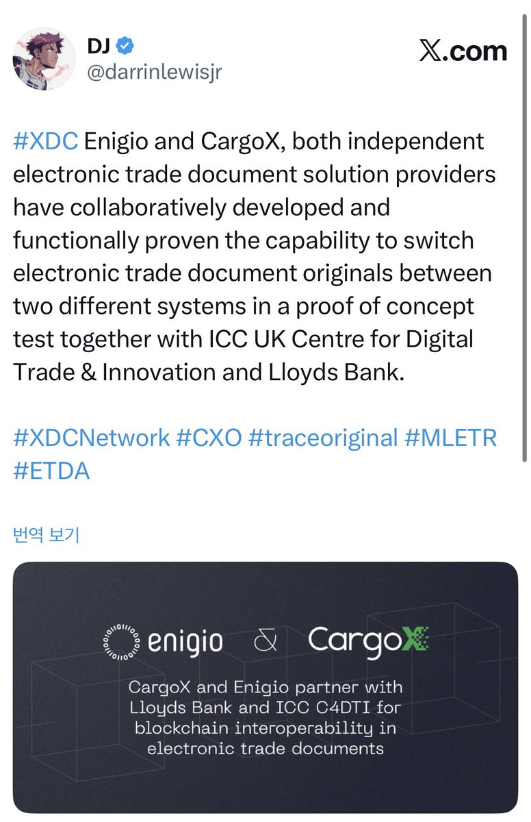 #XDC Enigio and CargoX, both independent electronic trade document solution providers have collaboratively developed and functionally proven the capability to switch electronic trade document originals between two different systems with ICC UK Lloyds Bank.
#XDCNetwork #CXO #MLETR