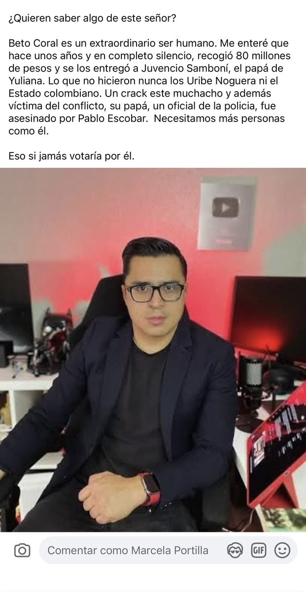 ¿Ustedes sabían que <a href="/Betocoralg/">Beto Coral</a> le dio 80 millones de pesos que recolectó para la familia de Yuliana Samboní?, lo traigo aquí ya que en estos días he visto post donde dicen que los Uribe Noguera nunca los repararon, pero Beto hizo algo extraordinario. 

Yo si votaría por él sin