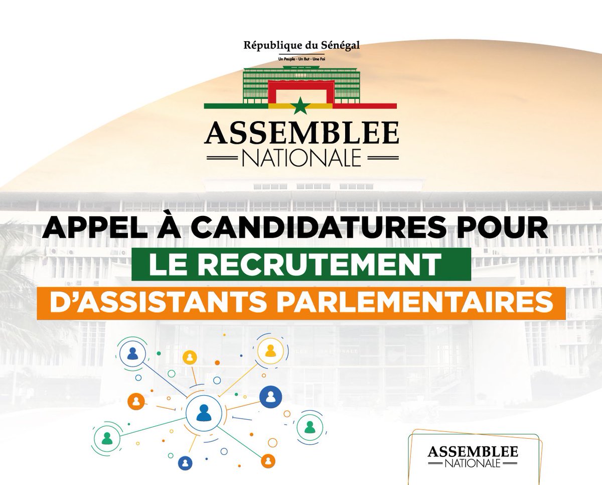𝗥𝗲𝗰𝗿𝘂𝘁𝗲𝗺𝗲𝗻𝘁 𝗱’𝗔𝘀𝘀𝗶𝘀𝘁𝗮𝗻𝘁𝘀 𝗣𝗮𝗿𝗹𝗲𝗺𝗲𝗻𝘁𝗮𝗶𝗿𝗲𝘀

L'Assemblée nationale du Sénégal lance un appel à candidatures pour le recrutement d’assistants parlementaires.

👉 Consultez les conditions et déposez votre dossier ici :
assemblee.sn/fr/actualite/a…