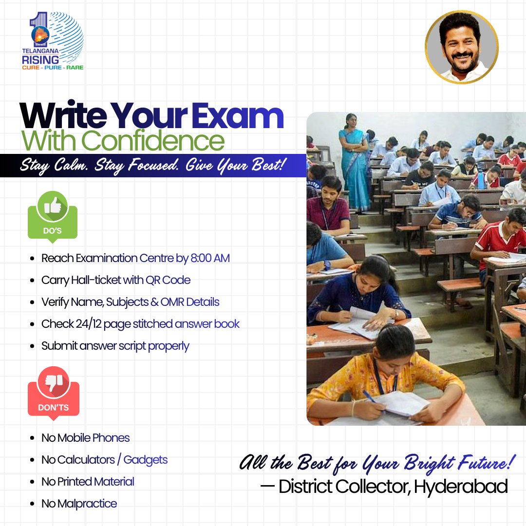 Collector_HYD's tweet image. Dear Intermediate Students

Trust your preparation, stay positive, and perform with courage.

Wishing you excellence and success in your exams!
#SuccessJourney  #Intermediate2026 #AimHigh #YouCanDoIt 🎯📘

@TelanganaCMO 
@Ponnam_INC
@harichandanaias