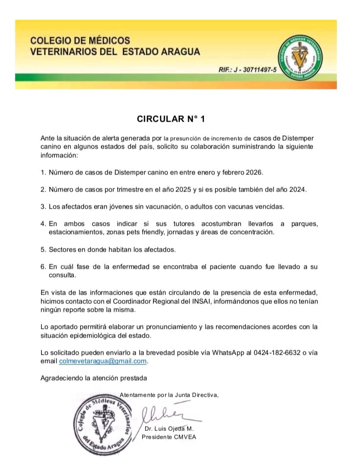 El COLMEVET Aragua emite la Circular N° 1 ante el posible repunte de Distemper canino en la entidad.

Es vital unificar la data clínica para establecer medidas de bioseguridad. Médicos Veterinarios, reporten sus casos vía:

📲 0424-1826632
📧 colmevetaragua@gmail.com