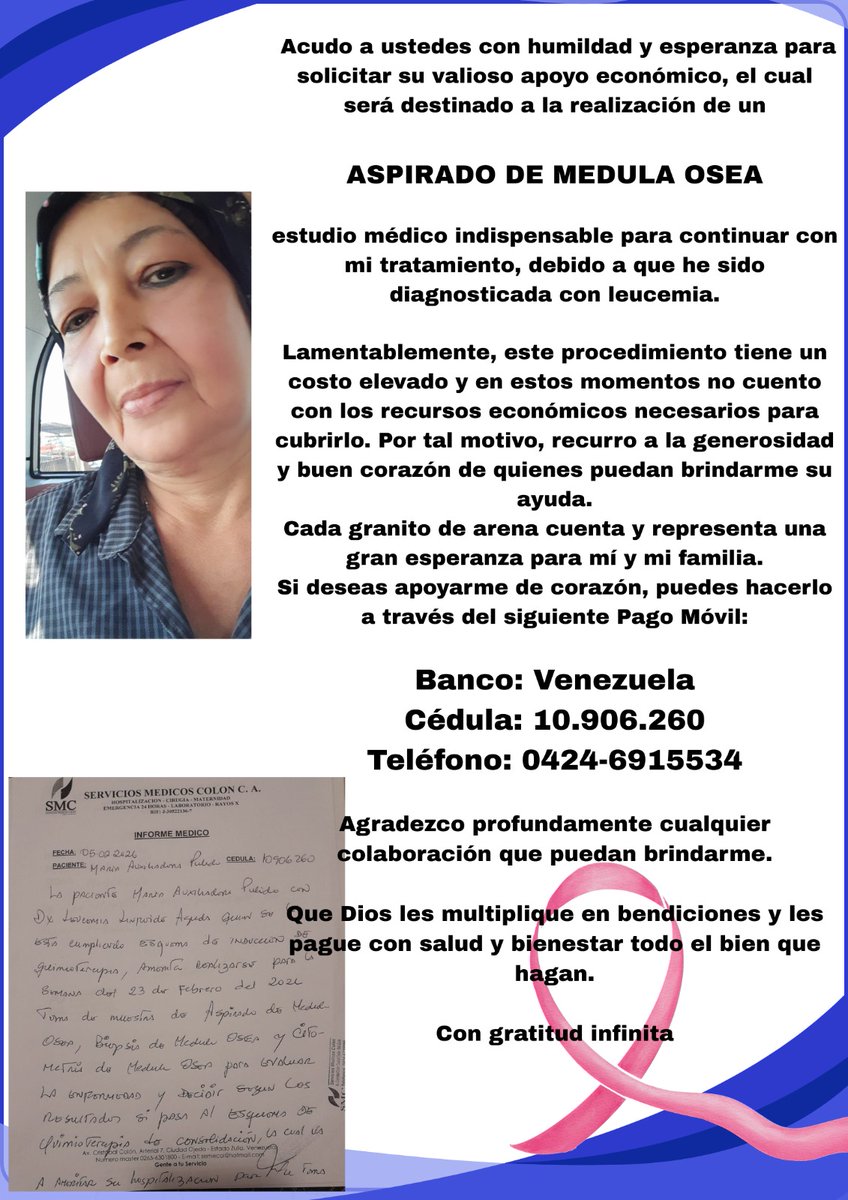 <a href="/LucyPN/">Luciana</a> Buenos días Luciana, disculpa se que tu apoyas estos casos ayúdame a difundir para poder realizarme este estudio. Tengo un diagnóstico de Leucemia linfoblastica aguda. Gracias de antemano por el apoy
apoyo que me puedas brindar