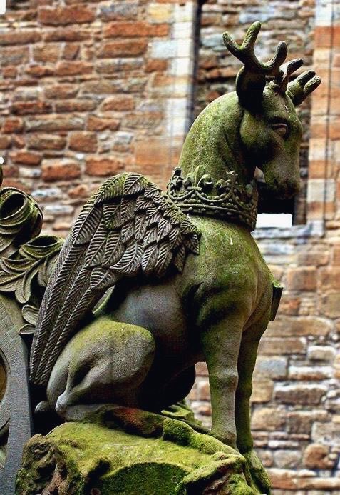 A Peryton (half stag, half bird)  on the King's Fountain at Linlithgow Palace in West Lothian, Scotland.