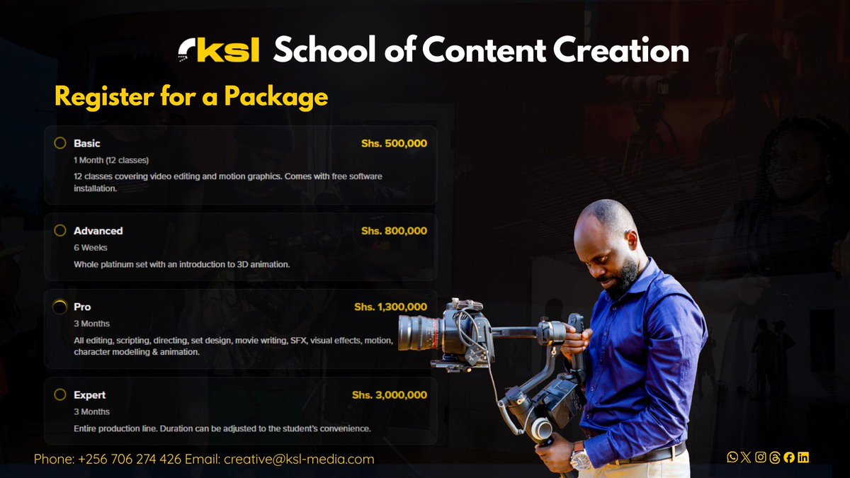 ksl_ug's tweet photo. Dear Creative,

Join our KSL Media Production School of Content Creation today and gain hands on experience.

Contact us via
📞+256 706 274 426
📧 creative@ksl-media.com

#KSL 
#ksl_media 
#media https://t.co/nhQPGRtVfh