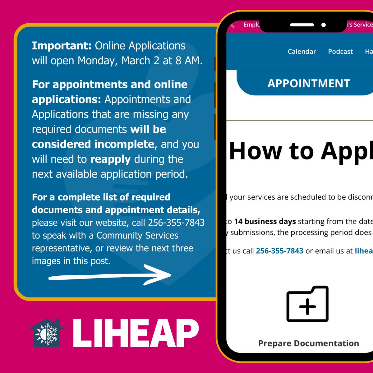 Appointments are now available for the month of March for Cullman, Lawrence, Marion, Morgan, and Winston counties. Online applications will open on Monday, March 2, at 8 AM. 

To schedule your appointment click here: capna.appointment.works/ea/qualificati…

#CAPNA #LIHEAP #UtilityAssistance