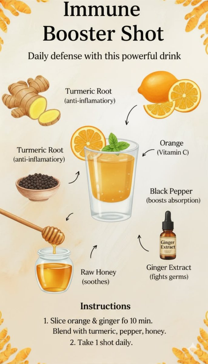 Immune Booster Shot Recipe: Daily Natural Defense
Strengthen your immune system with this powerful shot made from turmeric, orange, black pepper, honey, and ginger. Rich in antioxidants and anti‑inflammatory benefits, it’s a natural daily defense for holistic health and vitality.