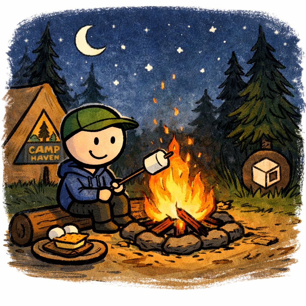keplrpay's tweet photo. First night at Camp Haven! 🌙🔥 Sitting by the campfire, roasting marshmallows and making s’mores, I feel the warmth of the fire and the start of endless adventures. @DataHaven_xyz https://t.co/JqaT0BdRaD