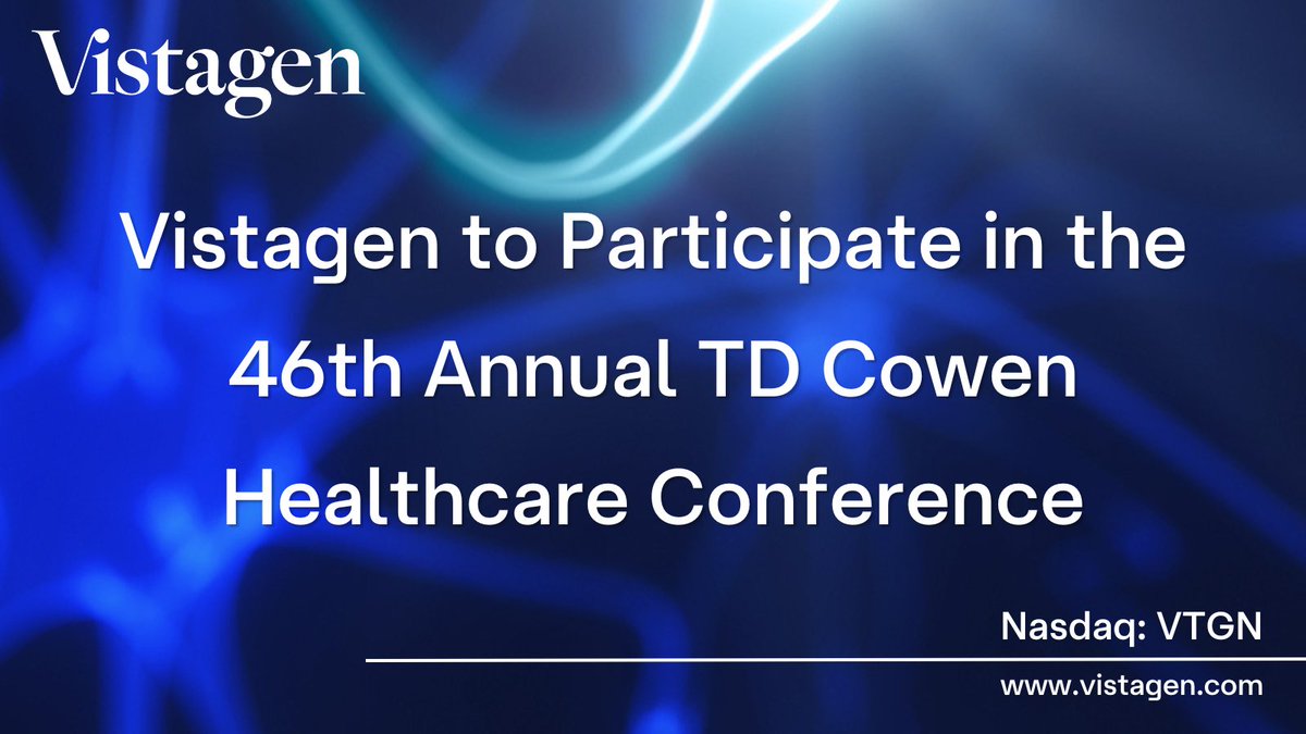 Vistagen's tweet photo. Vistagen’s President and CEO, Shawn Singh, will present a corporate overview at the 46th Annual TD Cowen Healthcare Conference on Monday, March 2, at 3:50 p.m. ET. For more information: https://t.co/YOvnJ81kXn $VTGN https://t.co/QU1nNDzlg1