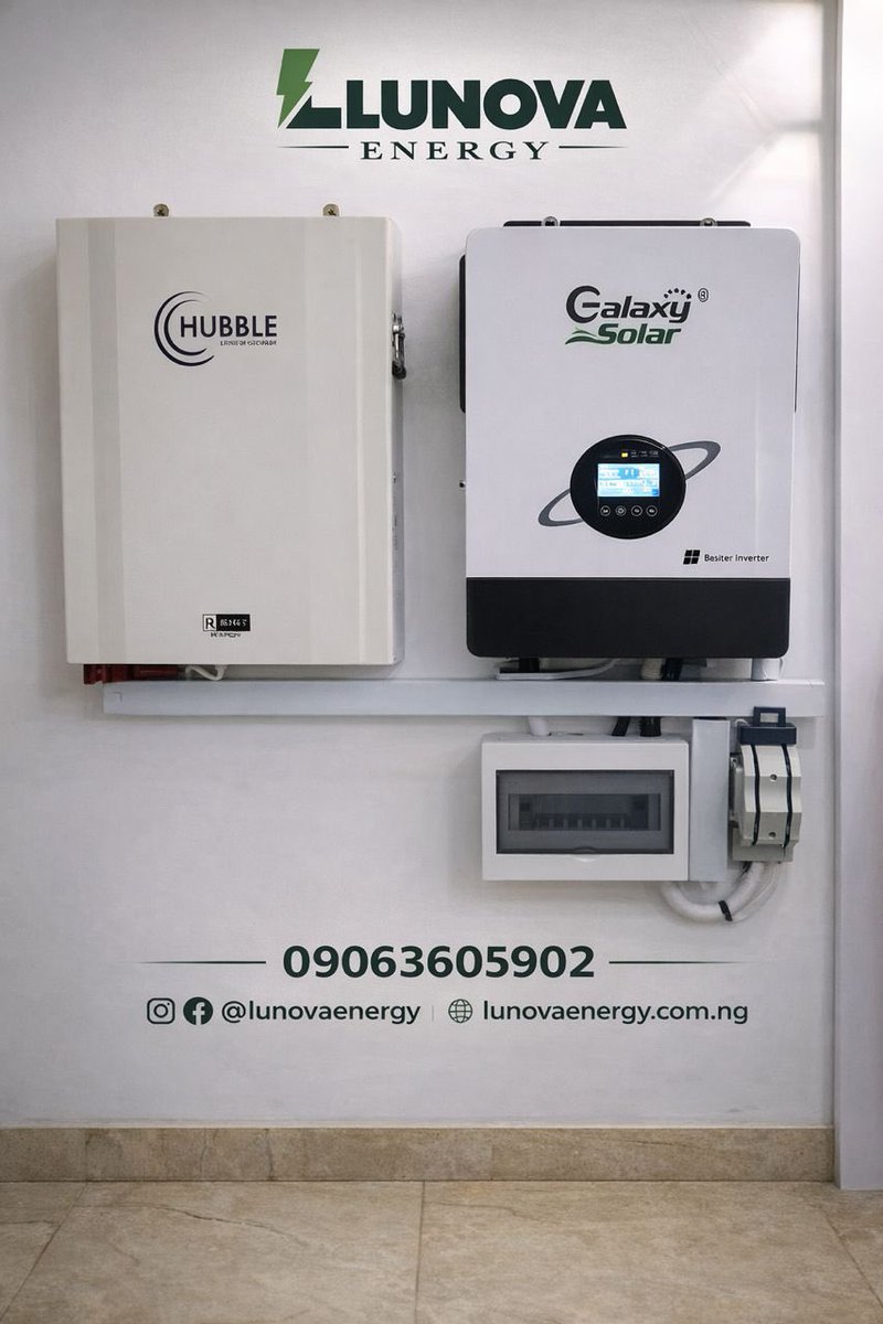 Smart. Compact. Reliable. 
3.6kW inverter + 5.5kWh LiFePO₄ lithium battery — efficient, quiet, everyday power.

Power your home the smart way.
+234 906 360 5902

#SolarNigeria #LithiumBattery #CleanEnergy #GoSolar #Lunovaenergy