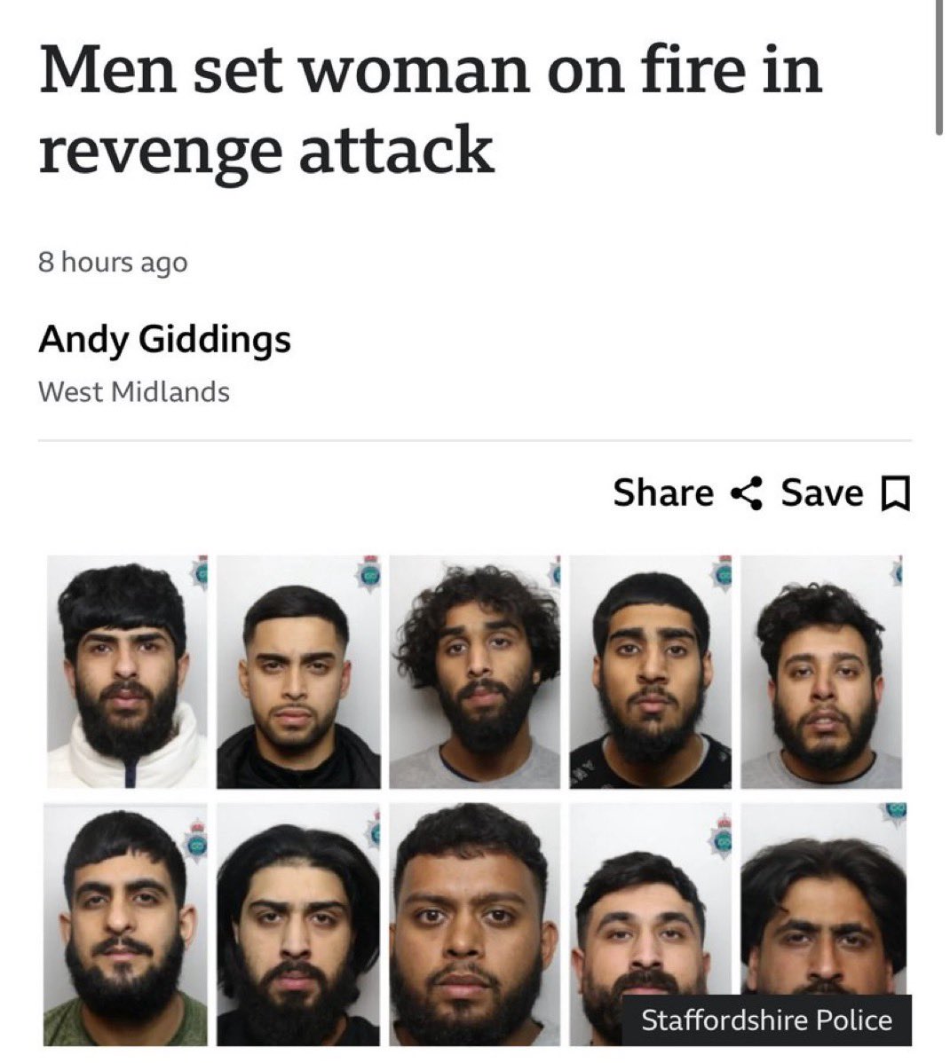 BREAKING: 

10 men have been convicted for setting a mother and her daughter on fire in the mother’s own home in Stoke-on-Trent, UK.

The woman suffered life-threatening injuries and was in a coma for 2 months.