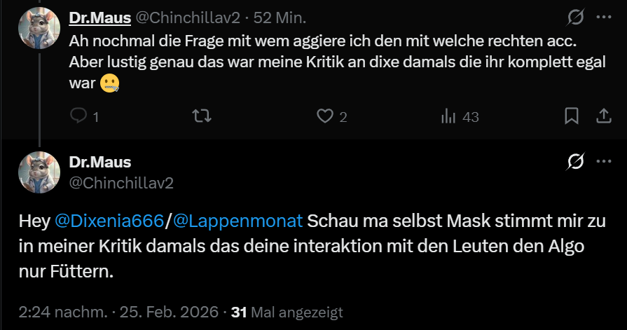 <a href="/Chinchillav2/">Dr.Maus</a> Ja, Kontaktschuld ist Dixe völlig egal, hast du völlig recht. Und nur weil der Algo was aus den Interaktionen macht, ist die Kontaktschuld IMMERNOCH völlig egal. Da kannste dich auf Hände stellen und mit den Beinen Hurra schreien.