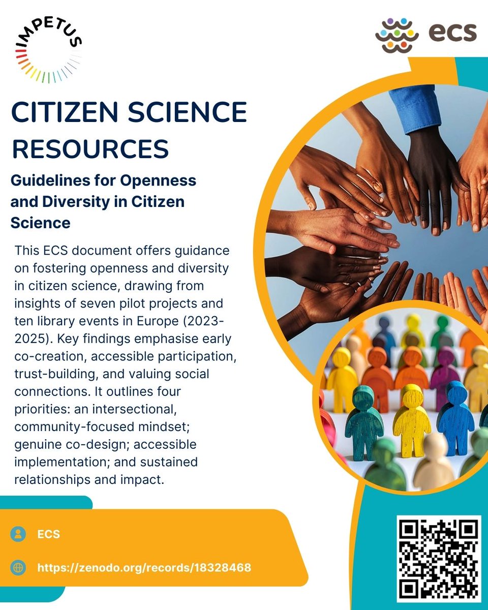 impetus4cs's tweet image. #citizenscience resource

New #ECS guidance highlights how to strengthen openness and diversity in #CitizenScience, drawing on seven pilots and ten library events across Europe (2023–2025).

Read more: zenodo.org/records/183284…

#PublicEngagement #OpenScience #Inclusion #Diversity