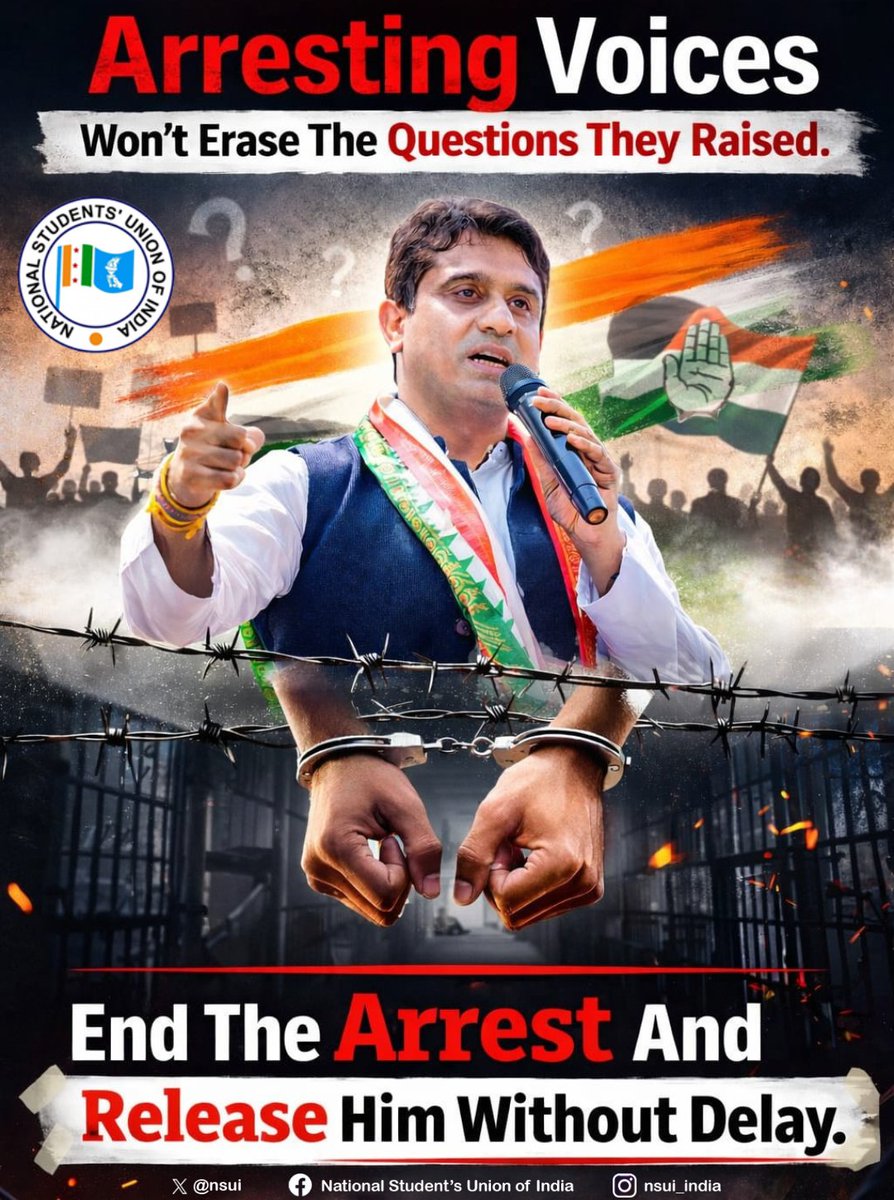 nsui's tweet photo. Arresting voices will not silence the truth.

The arrest of @IYC President Shri @UdayBhanuIYC and fellow workers for raising questions is an attack on democracy itself. Peaceful protest is a constitutional right - not a crime.

NSUI stands firmly against this misuse of power. End the detention. Release him without delay.