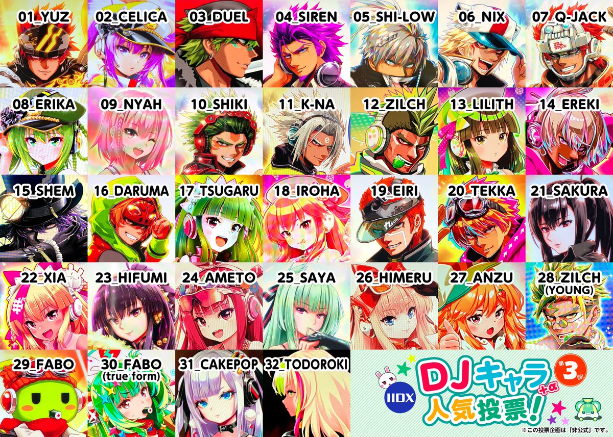 【IIDX】[第3回]DJキャラ（＋α）人気投票！
forms.gle/LGWtTJj1DTQH5X…

今年20「26」年、IIDXの誕生日である2月「26」日より第3回目のDJキャラ人気投票企画をやります！！ 

[投票期間]
2026年2月26日(木) 0:00〜2026年5月6日(水) 23:59

是非アナタの推しキャラに投票して下さい♪

※非公式企画です