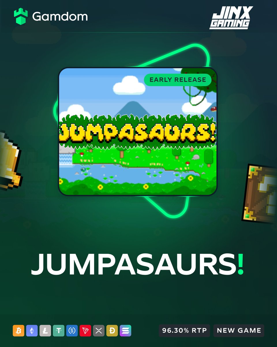 gamdom's tweet photo. 🦖 Early Access: Jumpasaurs by Jinx Gaming 🦖

Retro 8-bit dinos are back – max win: 10,000x your bet! 🔥

-💚 + 🔄 + 🆔 – *KYC Lvl 2 verified Gamdom users only https://t.co/hF3Qq4goqc
