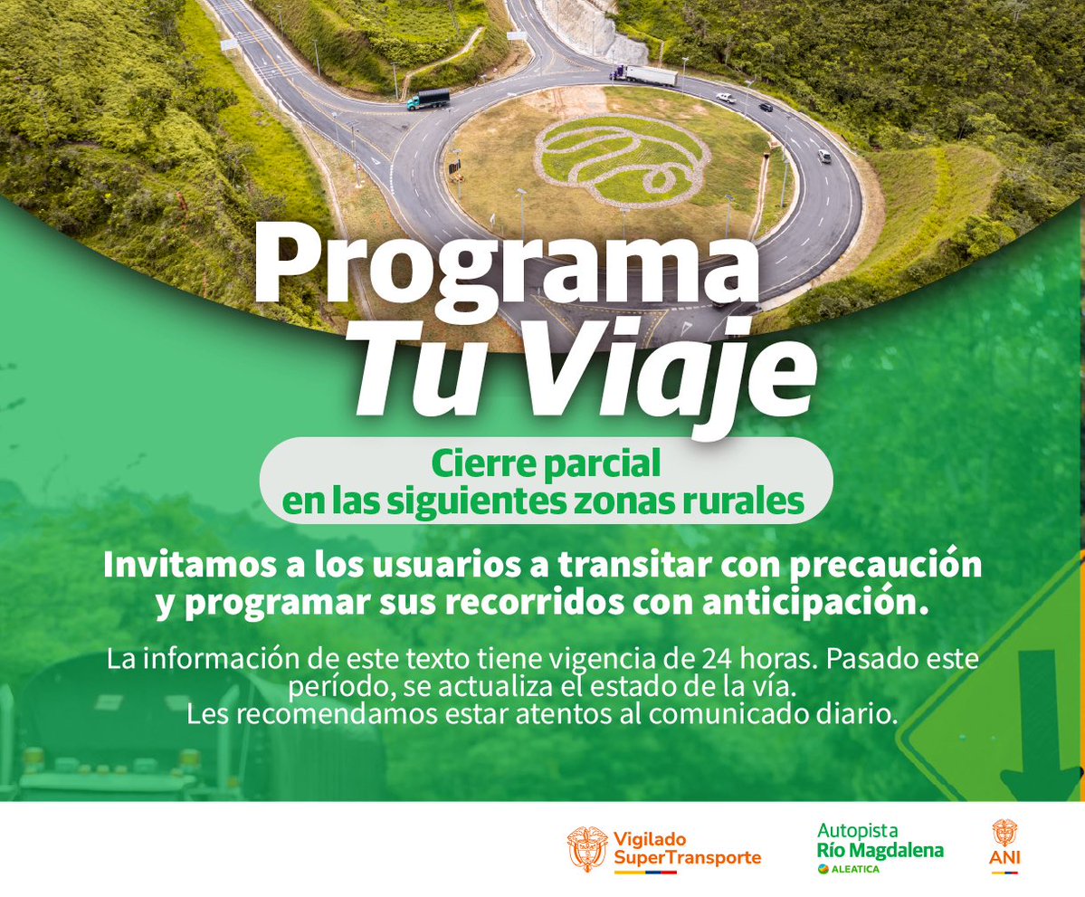 Informe diario 

Debido a trabajos de mantenimiento en la vía encontrarán paso restringido y controlado a un carril en el siguiente sector:
 
• Puerto Berrio 
 
Hacienda la Brillantina (PR / Km 85) al (PR/Km 90) Hacienda Pampas.