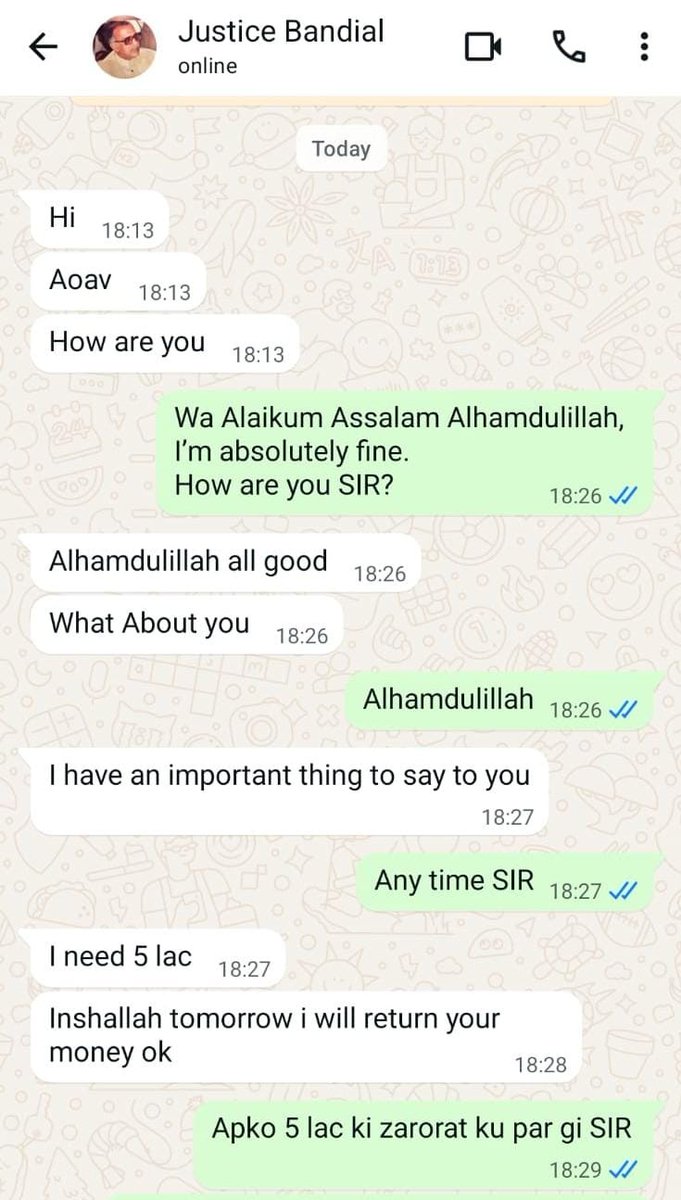 سابق چیف جسٹس پاکستان عمر عطاء بندیال کا واٹس ایپ ہیک ہو گیا، ہیکر نے مختلف افراد کو میسجز کر کے پیسے مانگنا شروع کر دیے، سابق چیف جسٹس نے این سی سی آئی اے کو کارروائی کیلئے درخواست دیدی