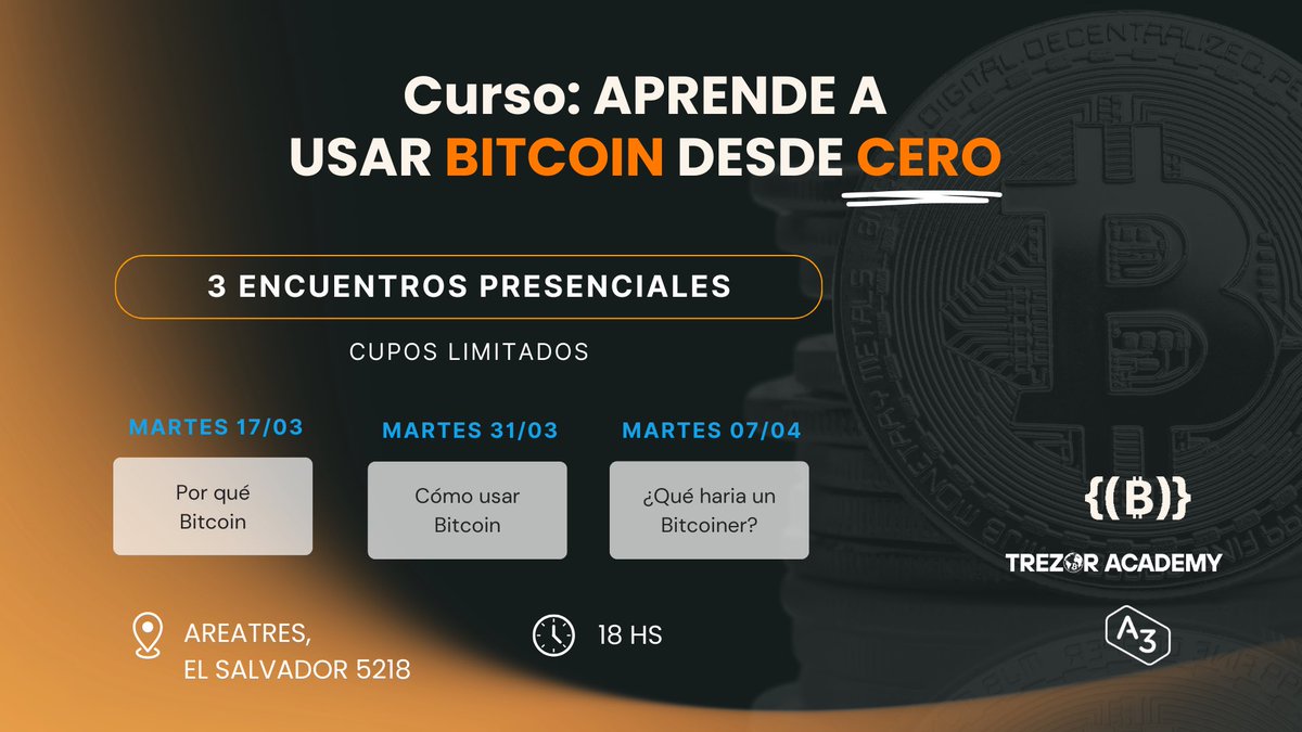 🤓 Curso gratuito de BitcoinAr y <a href="/TrezorAcademy/">Trezor Academy</a> | “Aprendé a usar Bitcoin desde cero” 

🔗 Inscripción: luma.com/i3ouyvw0

En tres encuentros presenciales vas a comprender la esencia, el origen y el funcionamiento de Bitcoin, adquirir herramientas prácticas para usarlo y