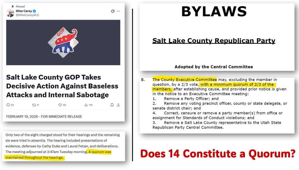 Back on 02/09 the <a href="/SLCountyGOP/">Salt Lake County Republican Party</a> Executive Committee, illegally ousted eight members of the <a href="/UtahGOP/">UtahGOP</a> 

The following week, chairman <a href="/MikeCarey4CC/">Mike Carey</a> released a clickbait headline statement. Buried in that statement: "A quorum was maintained throughout the hearings". 

I have reason to
