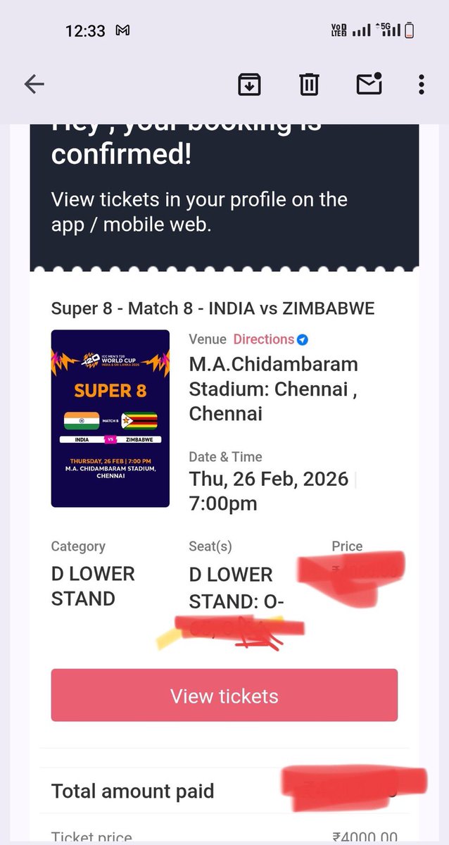 #INDvsZIM  MATCH ON 26th FEB

📍- CHENNAI ( CHIDAMBARAM STADIUM)

I want to sell 2 TICKETS OF THIS MATCH BECAUSE OF SOME UNCERTAINTIES 

PRICE - LOWER D STAND - 4K

C LOWER STAND - 4k 

Dm now if you are interested 

#indvszimtickets  #WORLDCUPTICKETS  #T20WorldCup #tickets