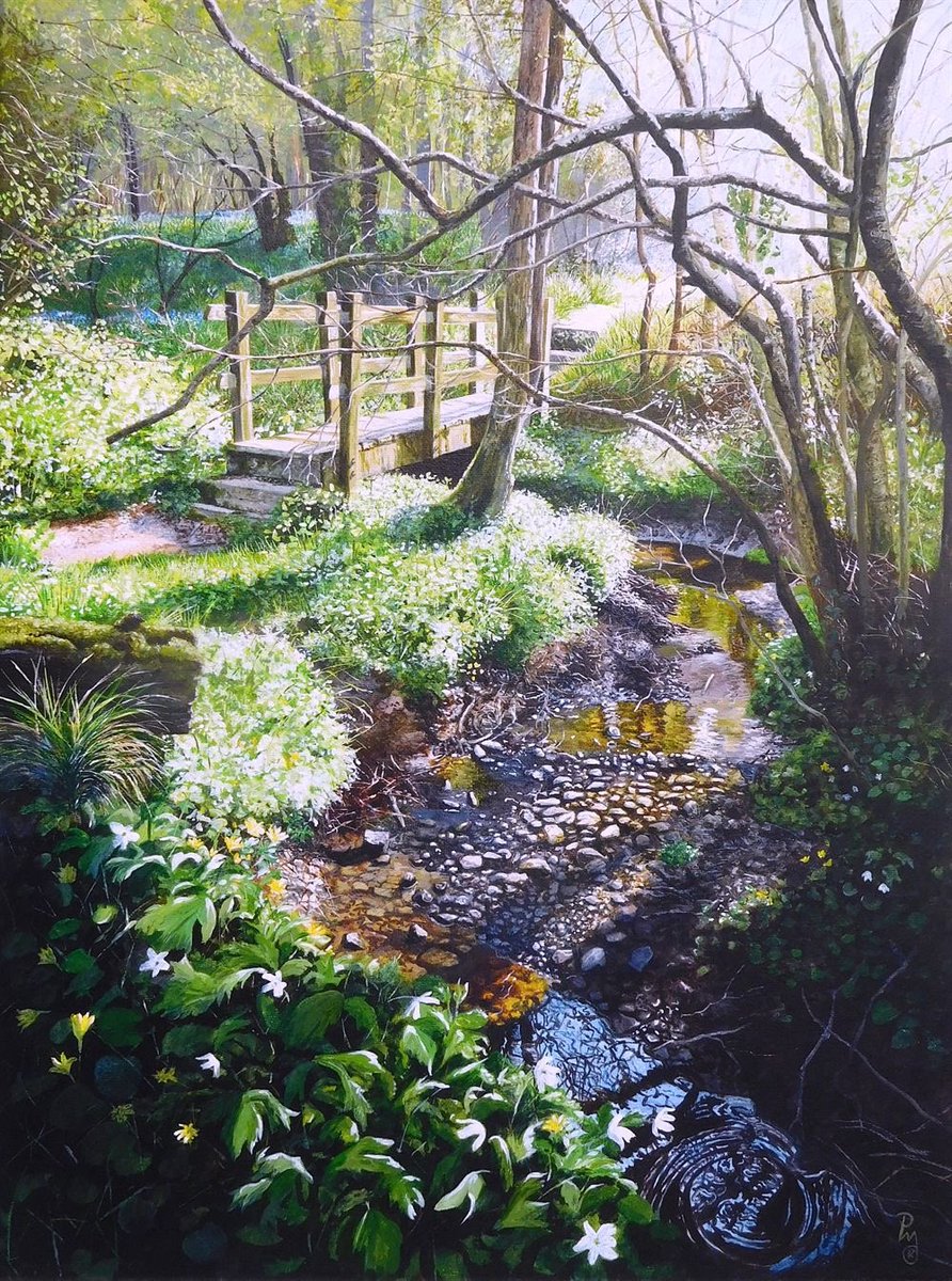‘Woodland Spring:
Paula Oakley (English art
At last 
The bright morning sun highlights the path and stream on a beautiful Spring morning.
