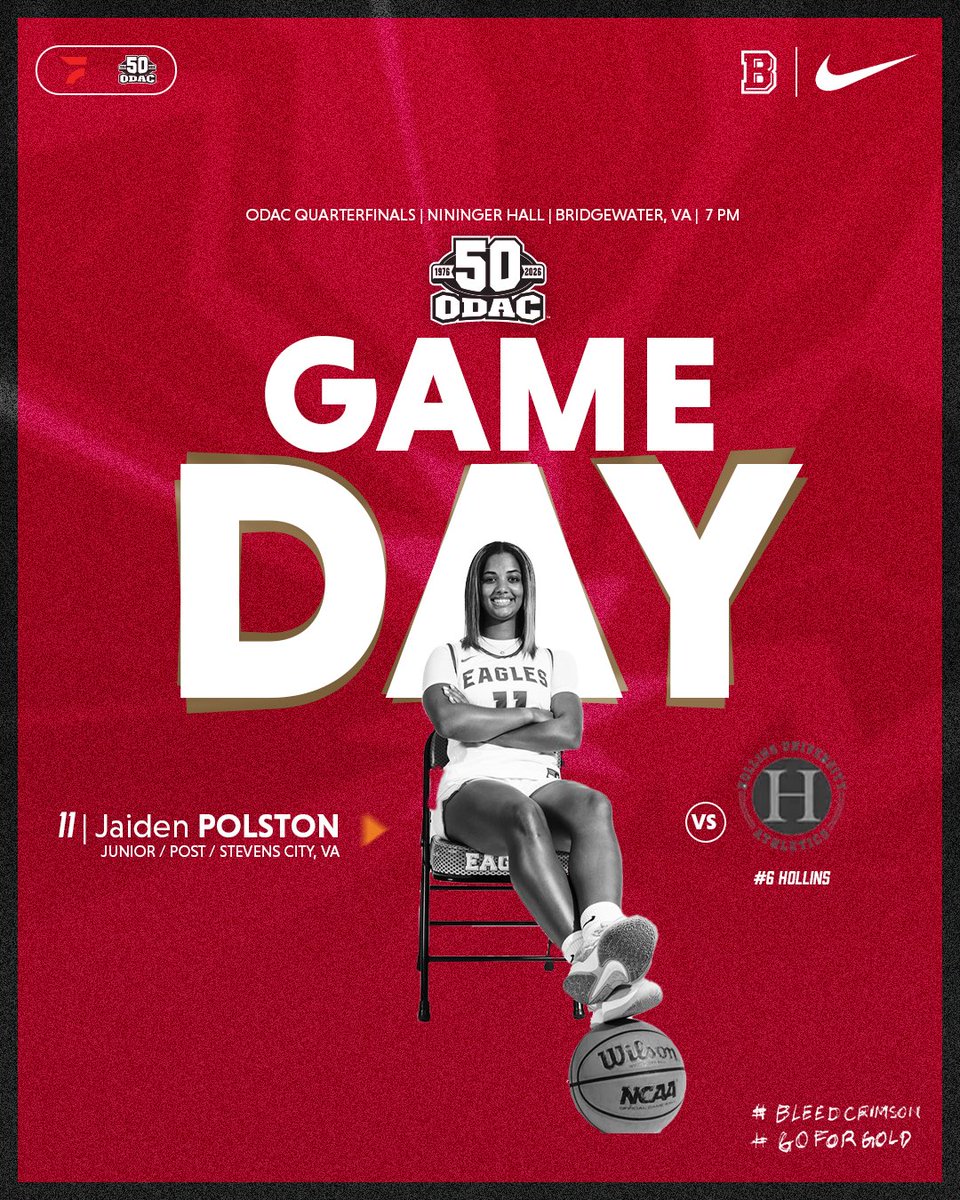 BridgewaterWBB's tweet photo. Itโs Game Day! ODAC
Quarterfinals !
๐ Hollins
๐๏ธ February 25, 2026
โฐ 7:00 PM
๐Nininger Hall
#bcwbb #RiseandGrind https://t.co/nlk7od05sX