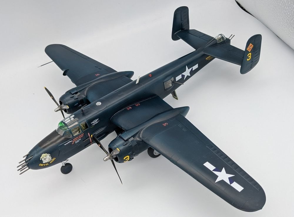 dorothyinla's tweet photo. 1/48 Monogram B-25J Mitchell updated to represent US Navy PBJ-1J "Devil Dog" from the Commemorative Air Force, 2015. Top turret deleted and airframe and radio fitted to modern standards with VHF aerial, landing lights and red beacon
#ScaleModel #ModelAircraft #B25Mitchell #WWIIAviation #USNavy