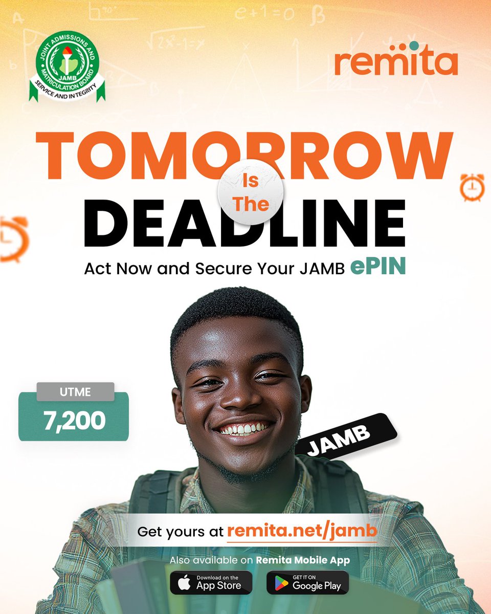 RemitaNET's tweet photo. Important Notice!
Tomorrow is the final day to purchase your JAMB e-PIN.
Get your JAMB e-PIN NOW on https://t.co/dLLVGguxgG.
Don’t wait until it’s too late.
#JAMB #JAMB2026 #education #epin #deadline #Remita https://t.co/QEnvg63VhU