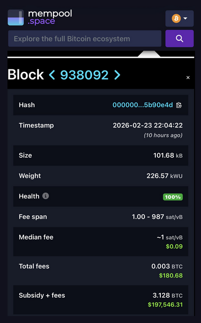 ⛓️ ¿Sabías que un minero solo rentó ~1 PH/s en Braiins por solo ~$75 (119k sats) y acertó el bloque 938092?

Se llevó 3.125 $BTC de subsidio + fees ≈ $200K.

¡De $75 a 200K en un golpe!

Red super tranquila: momento ideal para tx baratas.

¿Lo intentarías? 💡