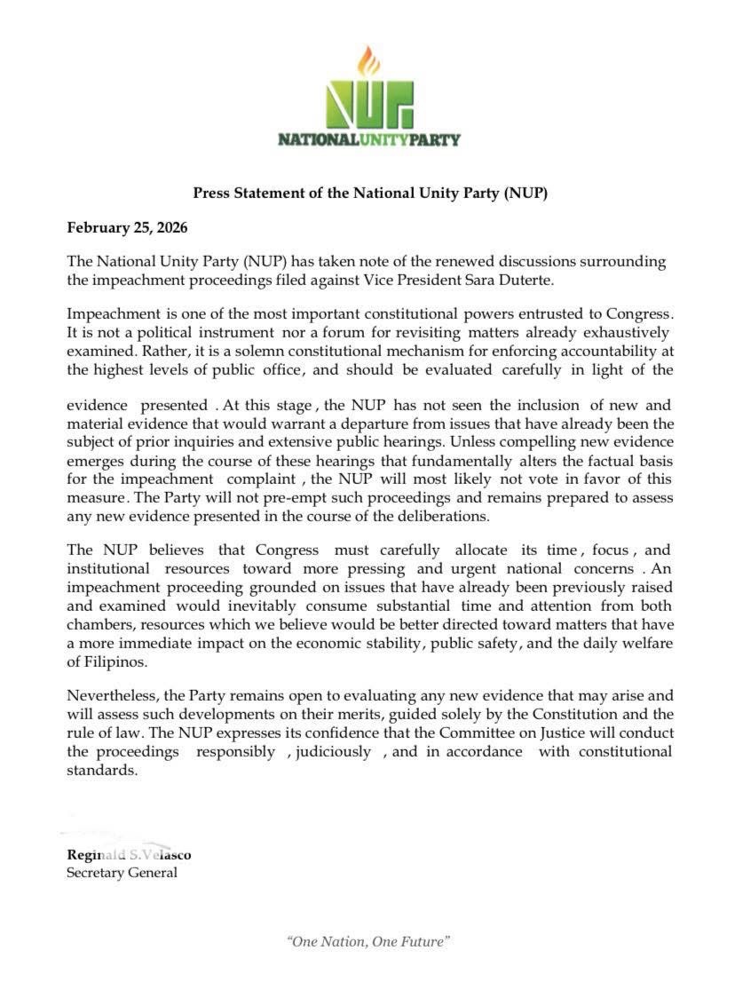 Just in: 

NUP AGAINST DUTERTE IMPEACHMENT

The National Unity Party says its members will likely not support the impeachment of Vice President Sara Duterte unless new evidence comes out. This comes a week after Duterte announced she will run for president in 2028.🫢