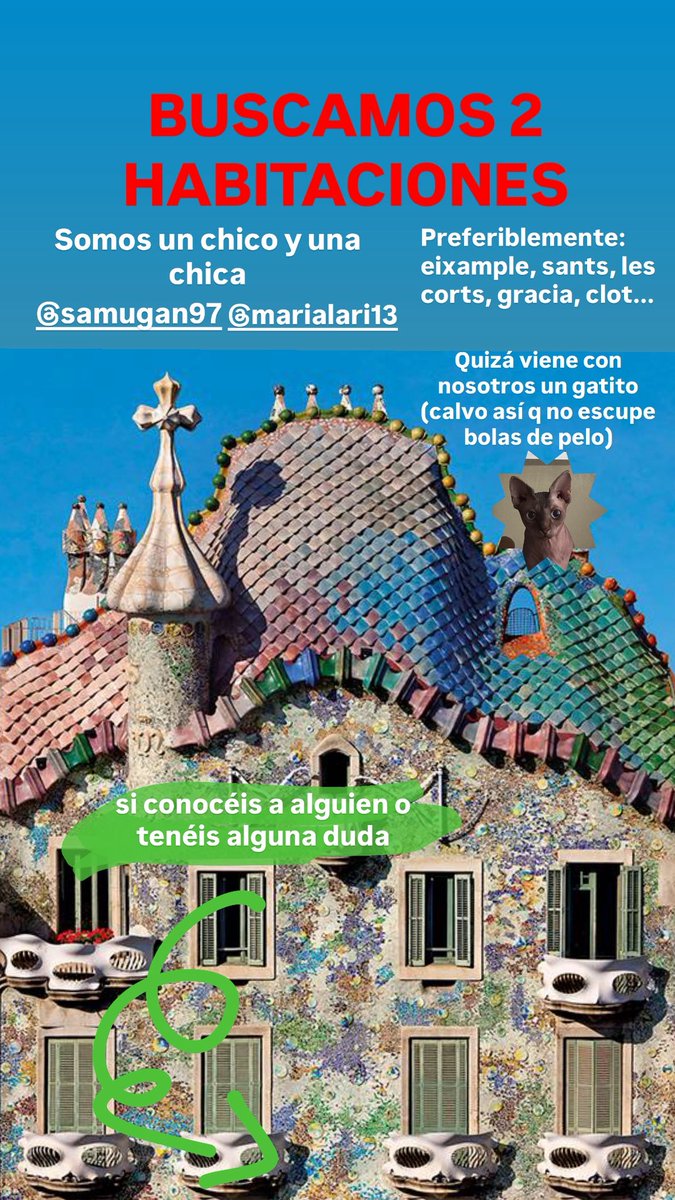 samugan97's tweet photo. nos vendría bien una ayudita para encontrar dos habitaciones en bcn, por si alguien sabe algo ❤️

POR FAVOR Y GRACIAS https://t.co/LkSAJEyqUZ