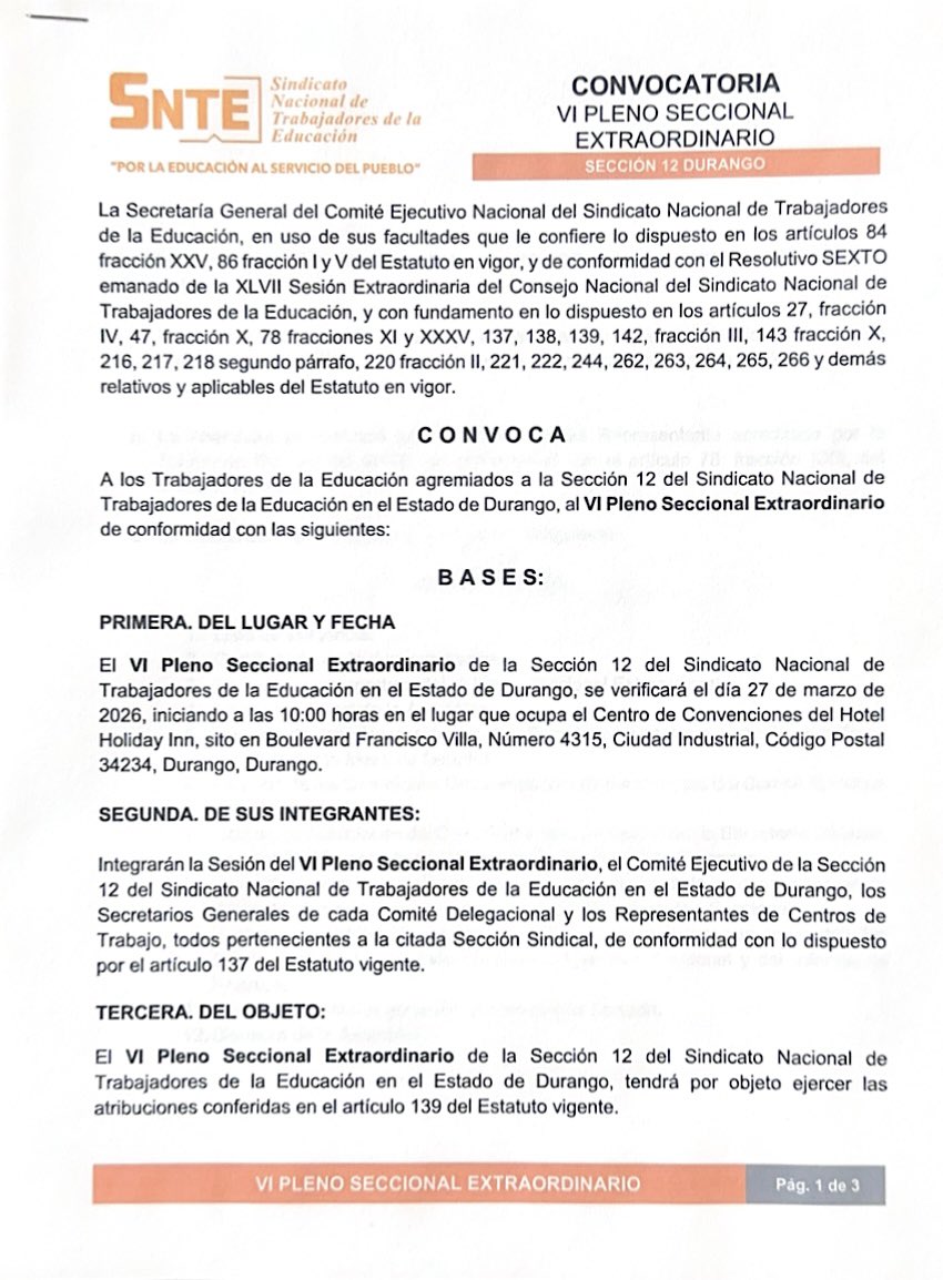 Snte12Durango's tweet photo. #Convocatoria
#VIPlenoSeccional12

‼️CONVOCATORIA‼️

VI PLENO SECCIONAL
EXTRAORDINARIO
SECCIÓN 12 DURANGO.

Descárgala aquí 👇🏻👇🏻

https://t.co/mroIZkN5Ut

@SnteNacional 

#TodosSomosUnoYUnossomosTodos #launidadnosfortalece https://t.co/Jxy7pU0SpW