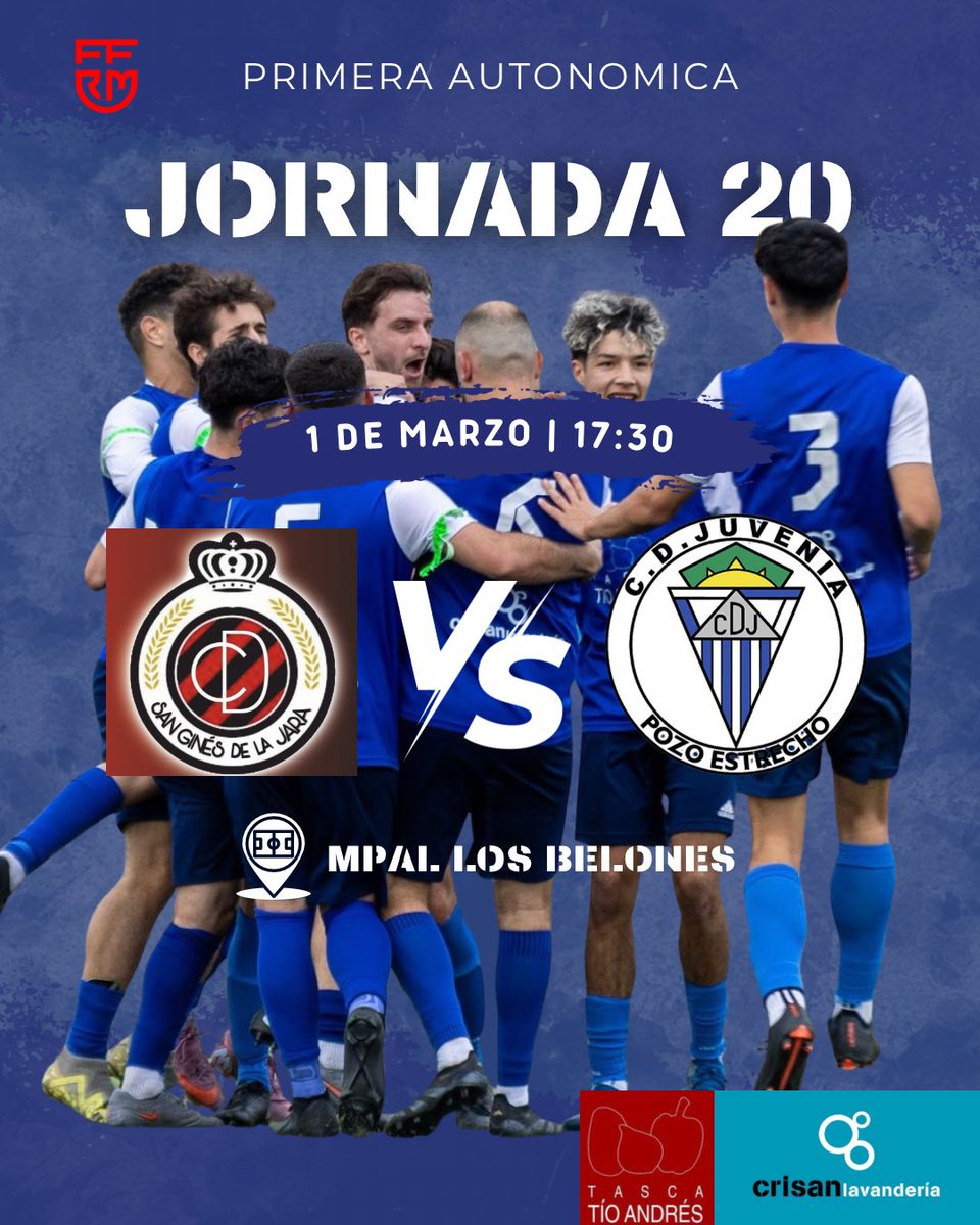 𝐉𝐨𝐫𝐧𝐚𝐝𝐚 𝟐𝟎| <a href="/CDSGDLJ_OFICIAL/">CD San Gines De La Jara</a> 🆚 #CDJuvenia 

🗓️ Domingo, 1 de marzo
⏰ 17:30h. 
🏟️ Mpal. Los Belones 

<a href="/tascatioandres/">tascatioandres</a> #crisanlavandería