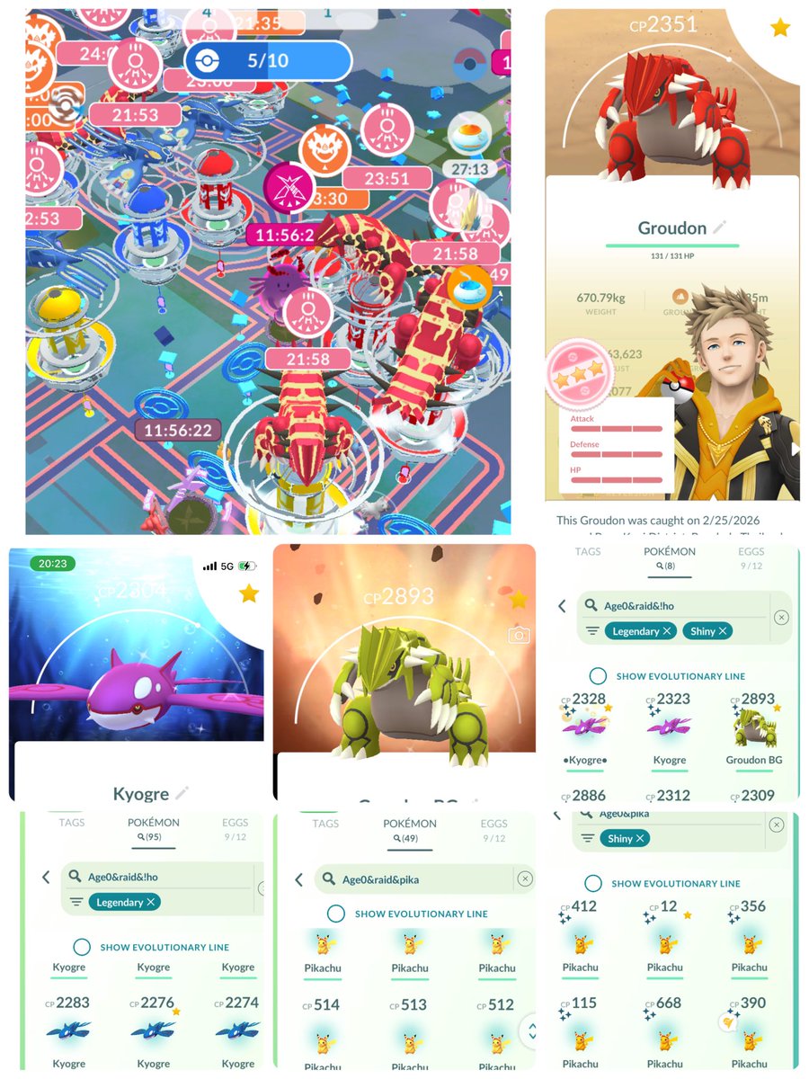 3rd of Road to Kalos in SAT 

95 Legendary raids
- 1 Hundro Groudon 🤩
- 2 shiny Kyogre ( 1 BG)
- 4 shiny Groudon ( 1 BG )

49 Pikachu raids
- 0 hundro 😭
- 0 shiny 😭

6 shiny Pikachu from wild but no white hat 😭 

TY so much everyone joined my raids 🙏🙏🙏