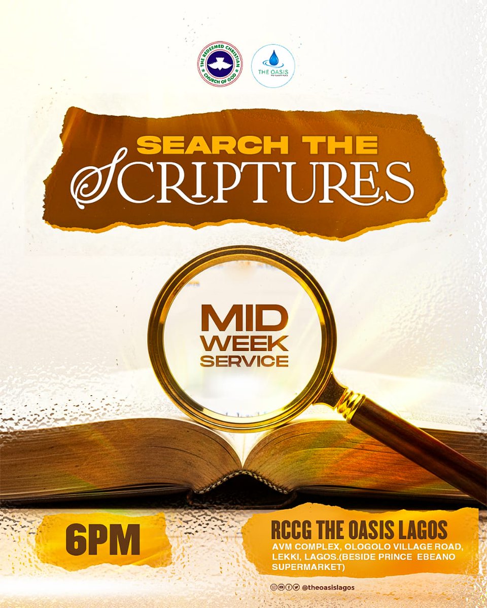 Join us for Midweek Service today! 📖

A great time in the Word with room to ask questions.

🕕 6:00 PM
📍 AVM Complex, Lekki. 

📺 LIVE on Zoom, YouTube &amp; Mixlr
Invite someone! 🤗

#TheOasisLagos #midweekservice #biblestudy