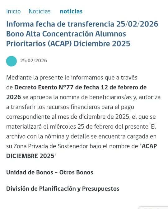 jtellez77's tweet photo. Informa fecha de transferencia 25/02/2026 Bono Alta Concentración Alumnos Prioritarios (ACAP) Diciembre 2025
@confemuch #Bono #Acap https://t.co/y4L9WEfczR