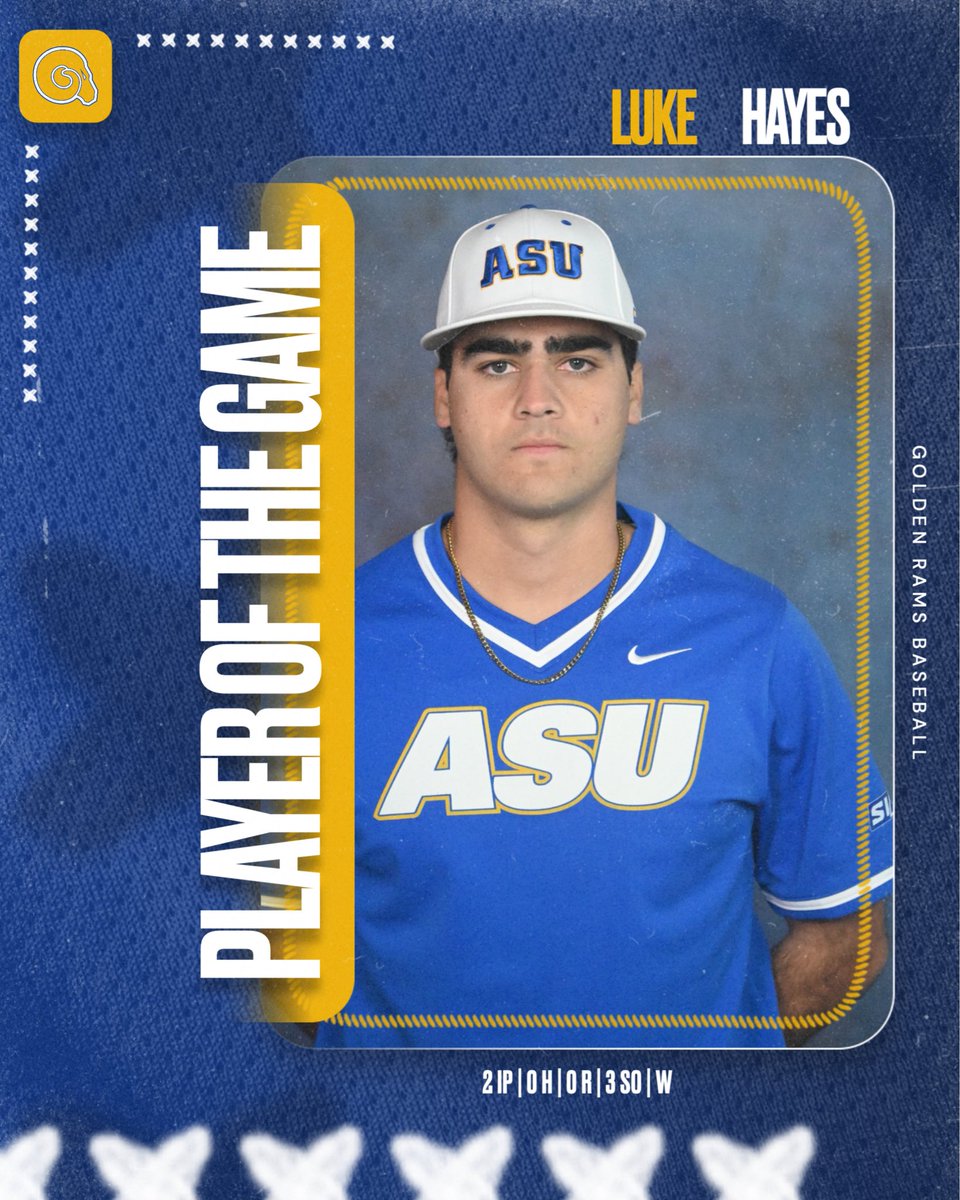 ASUGoldenRamsBS's tweet photo. Last night players of the game 🚨

Luke Hayes 🔥 2 IP to close out the win with 3 SO. 

Mylon Uribe ‼️big RBI single to put us up on the 9th inning. https://t.co/K4vgLYjUmP