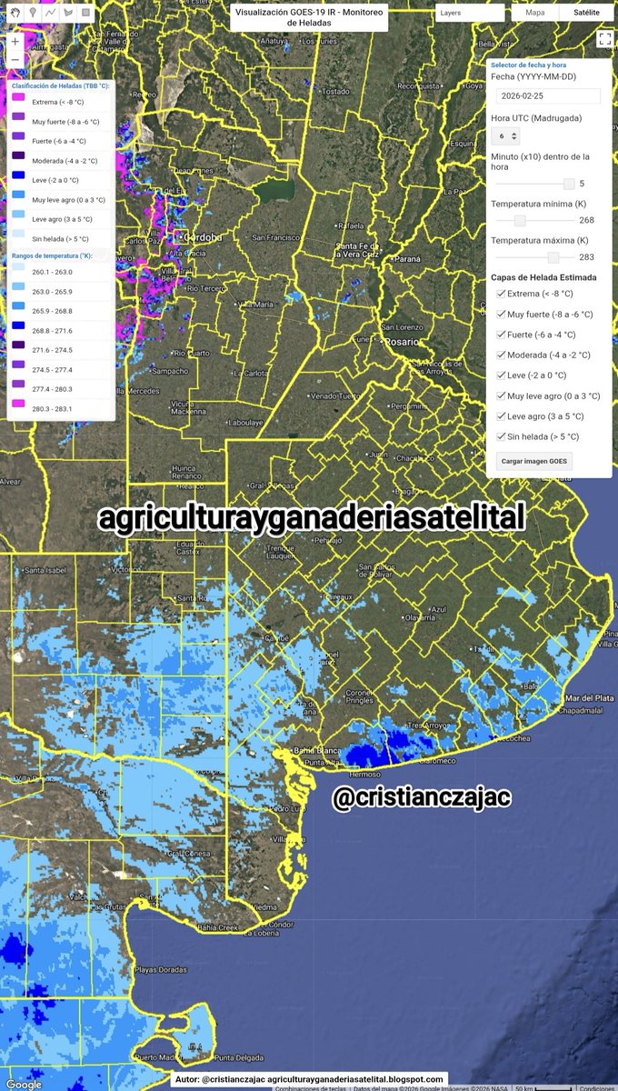 cristianczajac's tweet photo. Situación agrometeorológica 25/02/25 06:50 hs UTC (-03:00 HOA) con #Heladas leves sobre maíz, girasol, soja y sorgo 🌽🌻🫛🌾 #BahíaBlanca mardelplata #BuenosAires #LaPampa Cordoba, SanLuis SantaFe, EntreRíos Corrientes Chaco Mendoza #RíoNegro en #Argentina y Uruguay https://t.co/WtUTd6GLgq