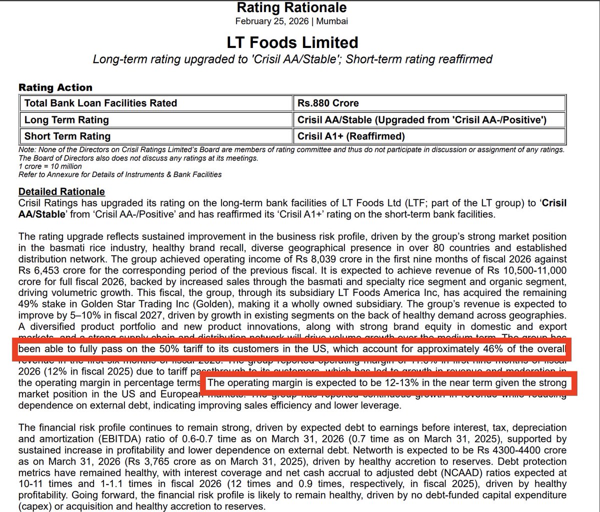 LT Foods: The two lines will make one understand how powerful moat this business has.  

They have survived 50% Tariff and market is worrying about whether Tariff is going to 15% or 18%.  

Rating upgraded.  

Disclosure: Holding since 2021, is 7 Bagger for us. Recently added