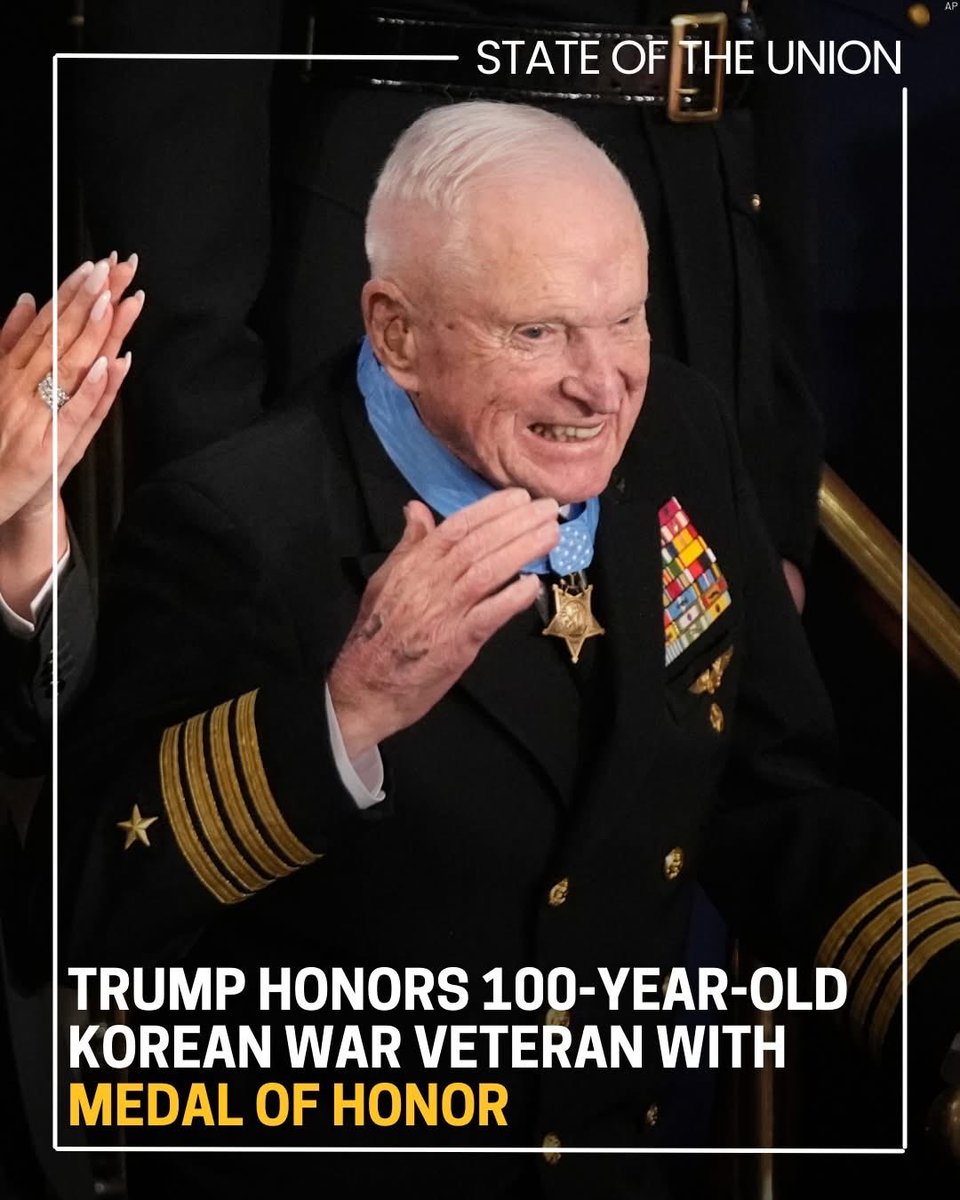 What an incredible, tear-jerking moment from last night's State of the Union! 🇺🇸

First Lady Melania Trump personally placed the Congressional Medal of Honor around the neck of 100-year-old retired Navy Captain E. Royce Williams, a true legend who, in 1952, took on seven Soviet