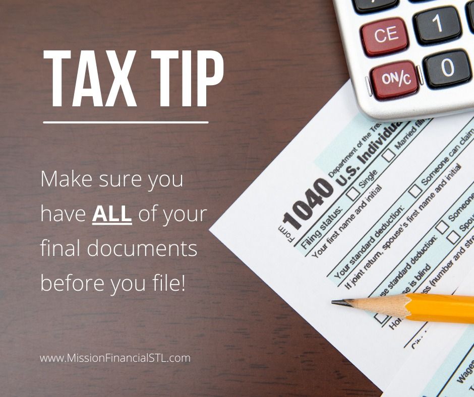 MissionFin's tweet photo. REMINDER❗️ Make sure you have 𝐀𝐋𝐋 of your tax documents before you file your taxes - including any closed accounts or delayed 1099s!

Not sure if you have them all? Give us a call and we can help answer your questions! https://t.co/8ZWCcRJ599