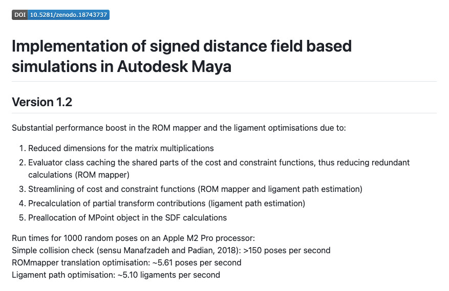 OliverDemuth's tweet photo. I've released version 1.2 of my SDF simulations! This update further improves the runtimes:
- Simple collision checking between two meshes run at >150 FPS
- Full 6DOF ROM simulations optimising the translations for each rotation run at >5.6 FPS
- Ligament paths run at >5.1 FPS https://t.co/bX551ORWXT