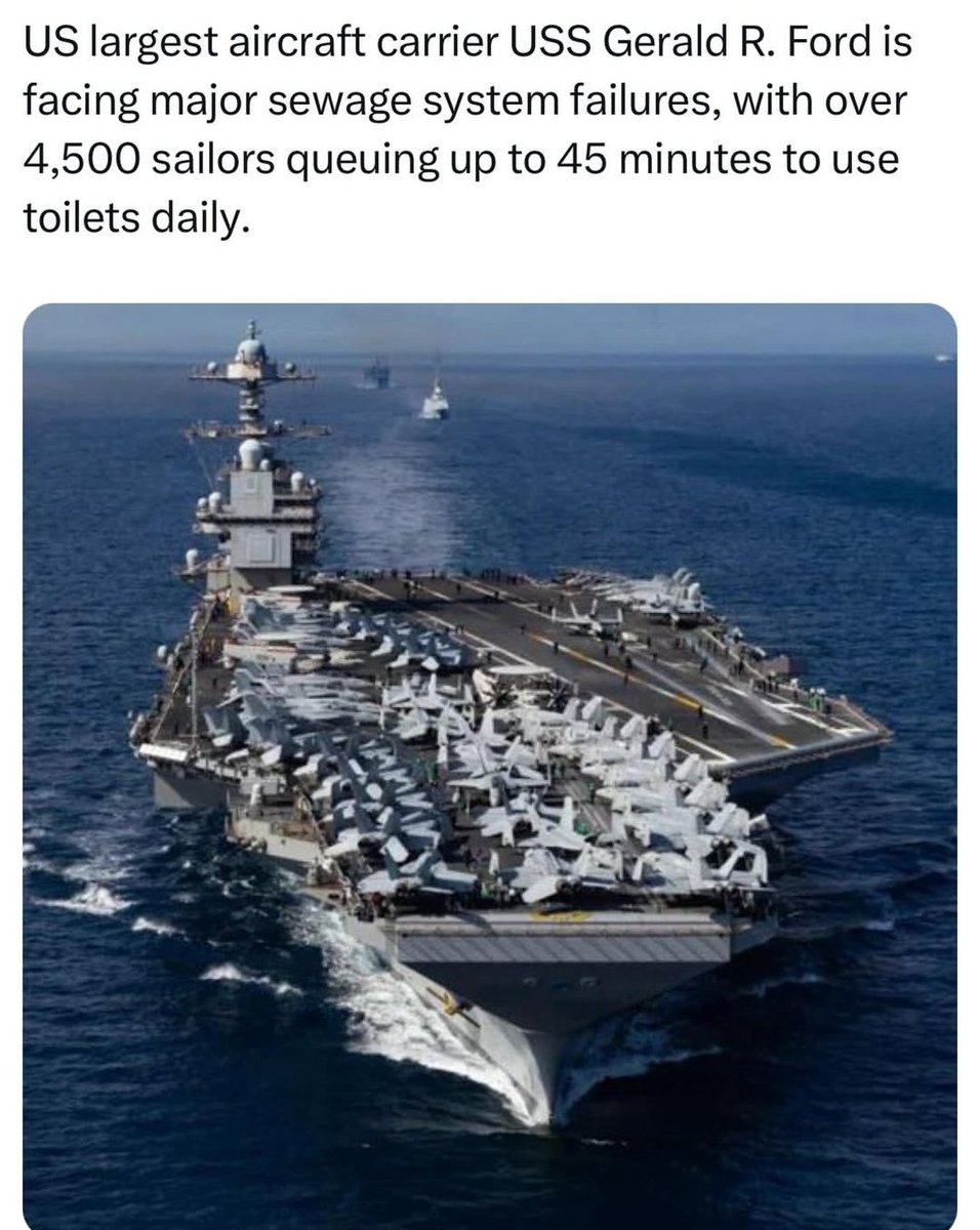 ThePixenova's tweet photo. $13B for the USS Gerald R. Ford to "intimidate" Iran, but 4,500 sailors are stuck in 45-min toilet lines. 🚽🚢 No missiles needed; the plumbing is doing the work for them. A literal $13B "stink-show" in the Middle East. 🇮🇷💨
#USSGeraldRFord #USNavy #Iran #MilitaryFail #ShitShow https://t.co/u4aiFSI99s