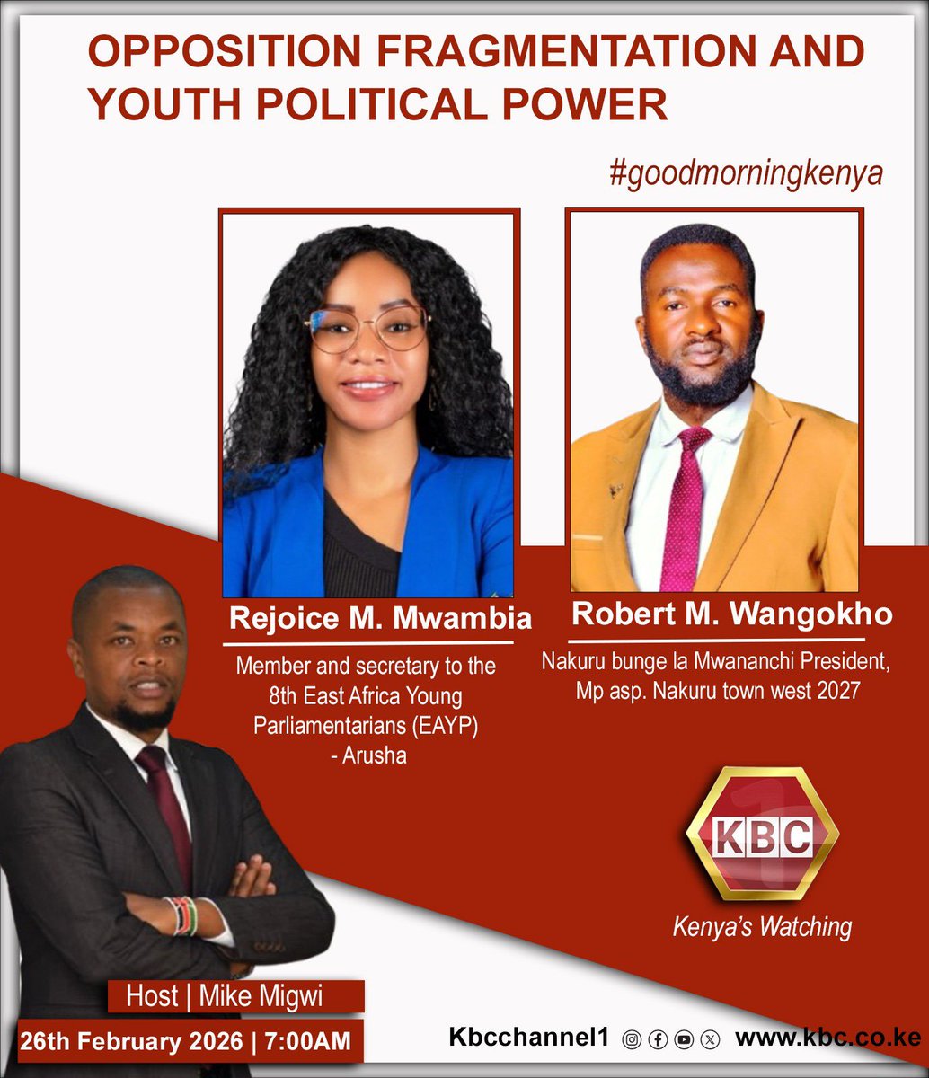 Patriot_Girl254's tweet photo. Join us tomorrow at 7:00 a.m. on KBC as we dive into opposition fragmentation and the real power of the youth vote—what’s breaking the opposition, who benefits from the divisions, and whether unity is still possible. We’ll unpack Gen Z political awakening, 
Incoming Machakos WR https://t.co/TKP197IAka