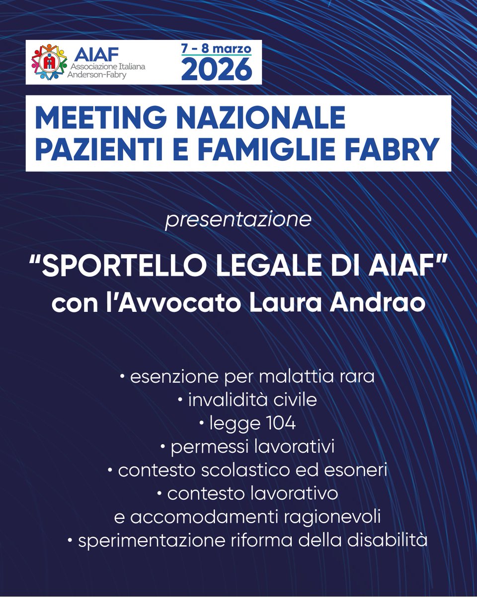 ⚖️ Durante il #MeetingAIAF2026 verrà presentato lo Sportello Legale, un nuovo servizio per gli associati di AIAF pensato per offrire supporto, orientamento e tutela legale alle persone con malattia di Anderson-Fabry e alle loro famiglie.