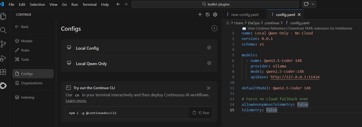 VS Code - Extension Continue

Trying to run it local via Ollama Qwen Model

Yet doesn't work, this seems simple yet I must be missing something .. any1 got a idea what I am doing wrong here?

#continuedev #aiagent #vscode