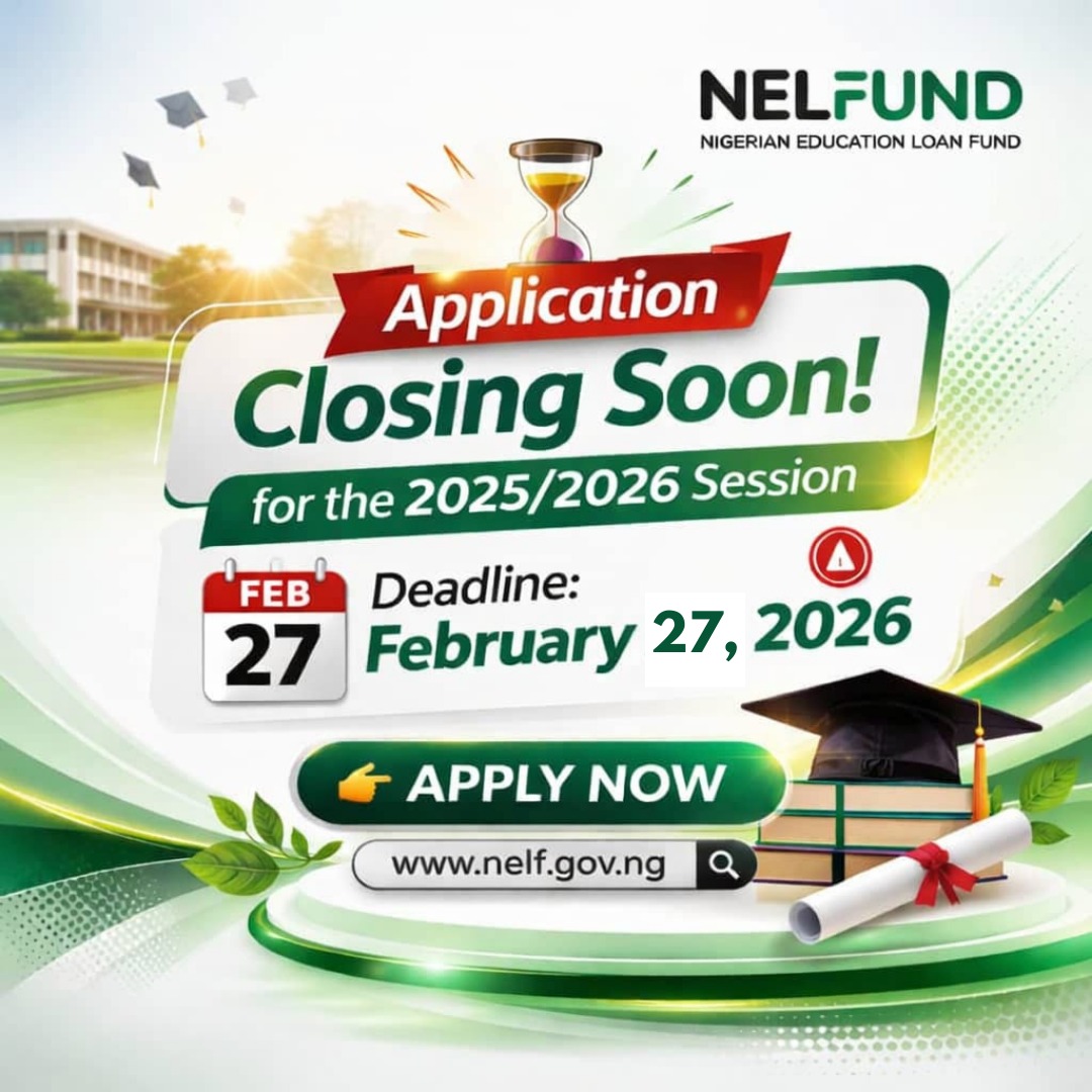 Reminder: The NELFUND student Portal will close on 27 February 2026. Please apply before it closes.

NB. Institutions that have not yet commenced the 2025 academic session should submit an official request for an extension, along with their approved academic calendar, for